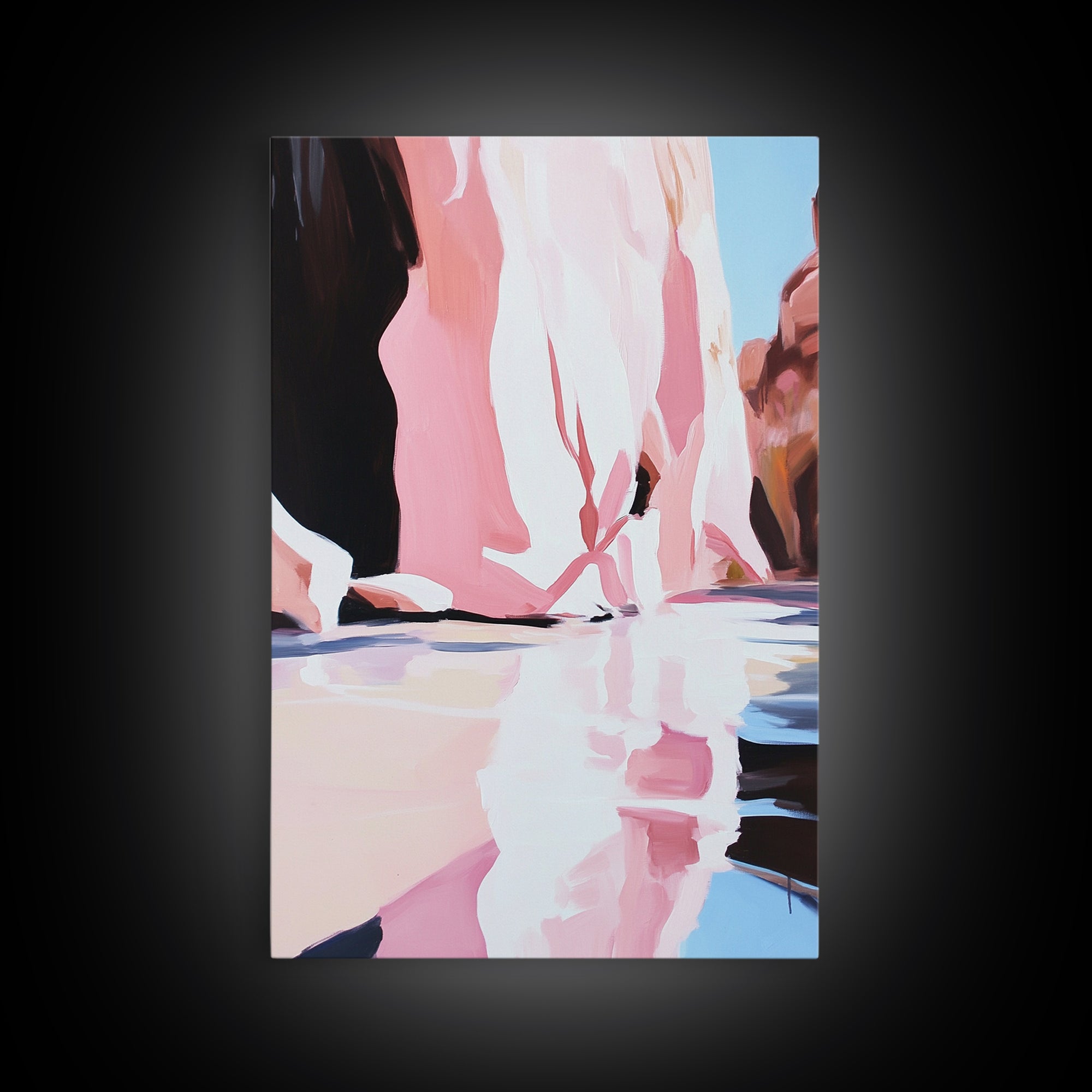 Cliffside Reflection, Coastal Wall Art, Beach House Decor, Blue and Pink Minimalist, Living Room Art, Framed Canvas Print