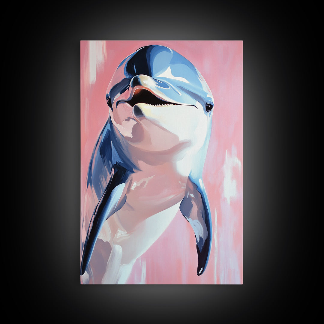 Dolphin Portrait, Ocean Animal Art, Beach House Wall Decor, Coastal Aesthetic, Nautical Art Print, Framed Canvas Print, Pastel Home Decor
