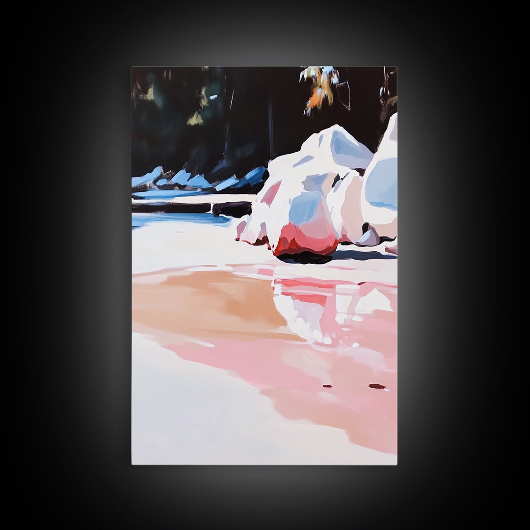 Rocky Shoreline, Water Reflections, Tranquil Landscape, Canvas Print, Nature Inspired Art, Modern Home Decor, Bedroom Wall Art