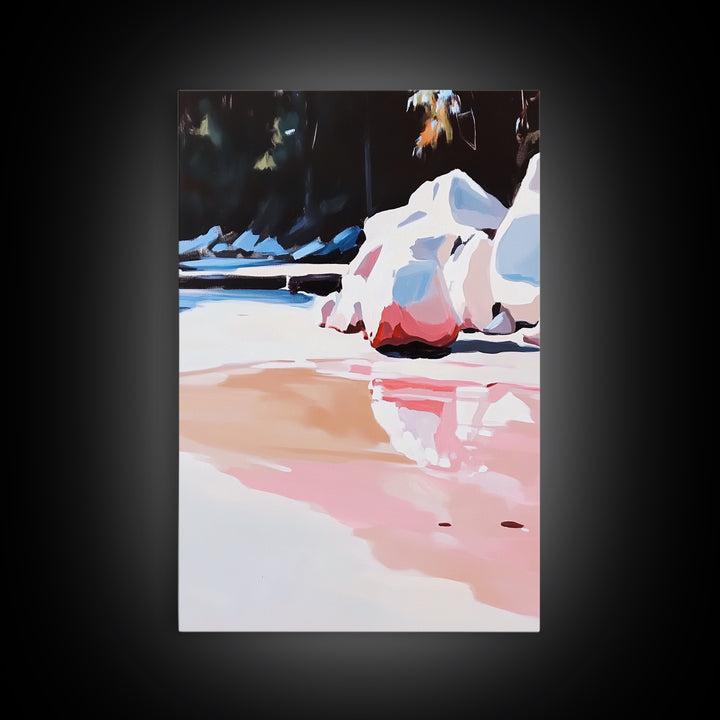 Rocky Shoreline, Water Reflections, Tranquil Landscape, Canvas Print, Nature Inspired Art, Modern Home Decor, Bedroom Wall Art