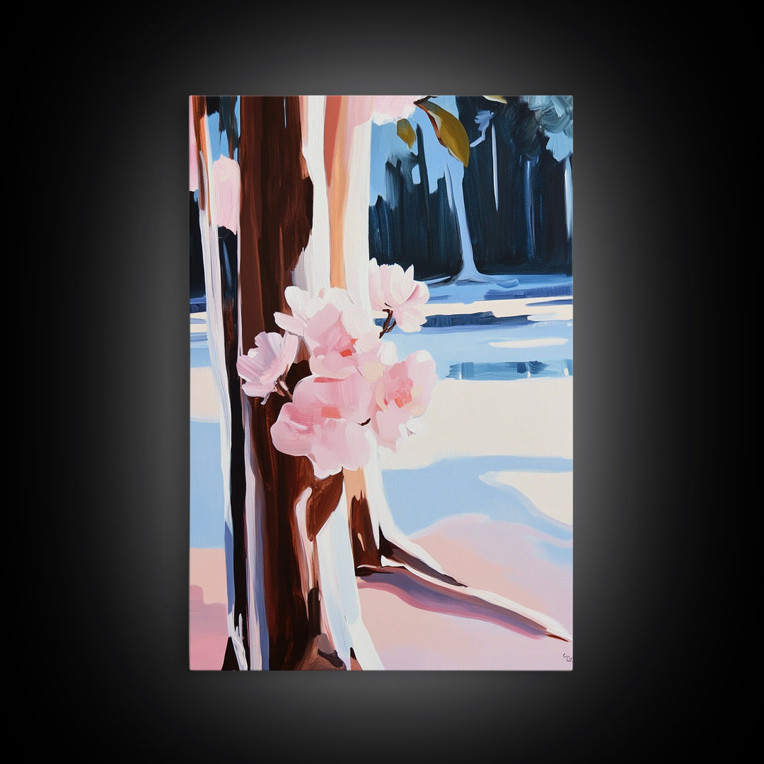 Cherry Blossoms, Winter Trees, Modern Nature Art, Seasonal Wall Art, Framed Canvas Print, Botanical Home Decor, Living Room Artwork