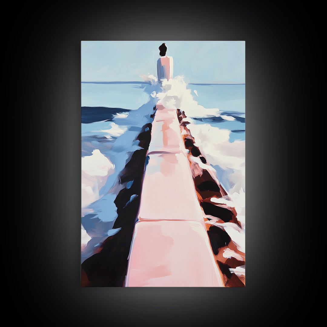Ocean Walkway, Coastal Landscape, Serene Beach Wall Art, Relaxing Seascape Painting, Framed Canvas Print, Modern Minimalist Wall Art