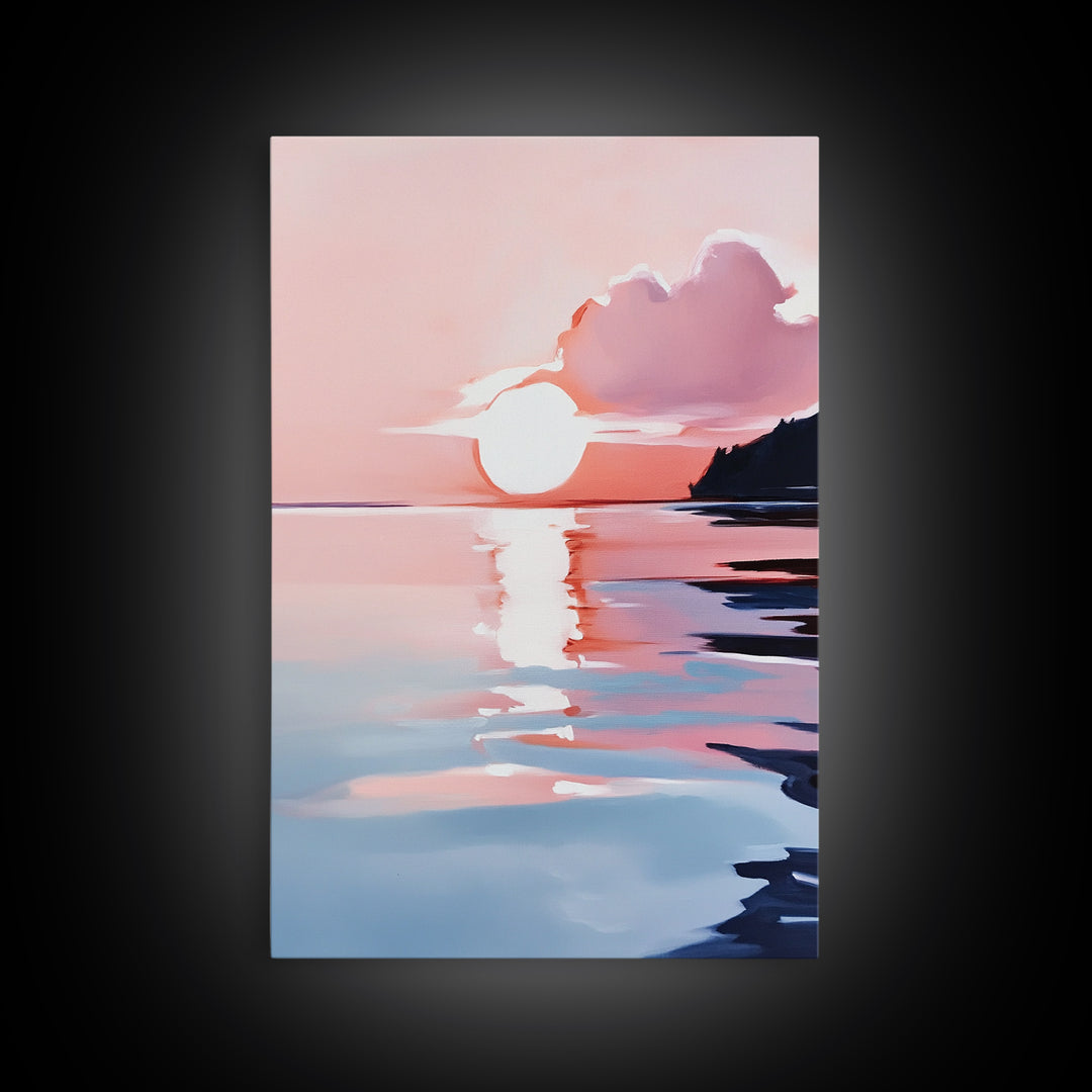 Ocean Sunset, Abstract Seascape Art, Framed Canvas Print, Beach House Wall Art, Modern Coastal Decor, Pink Sky Painting, Bedroom Artwork
