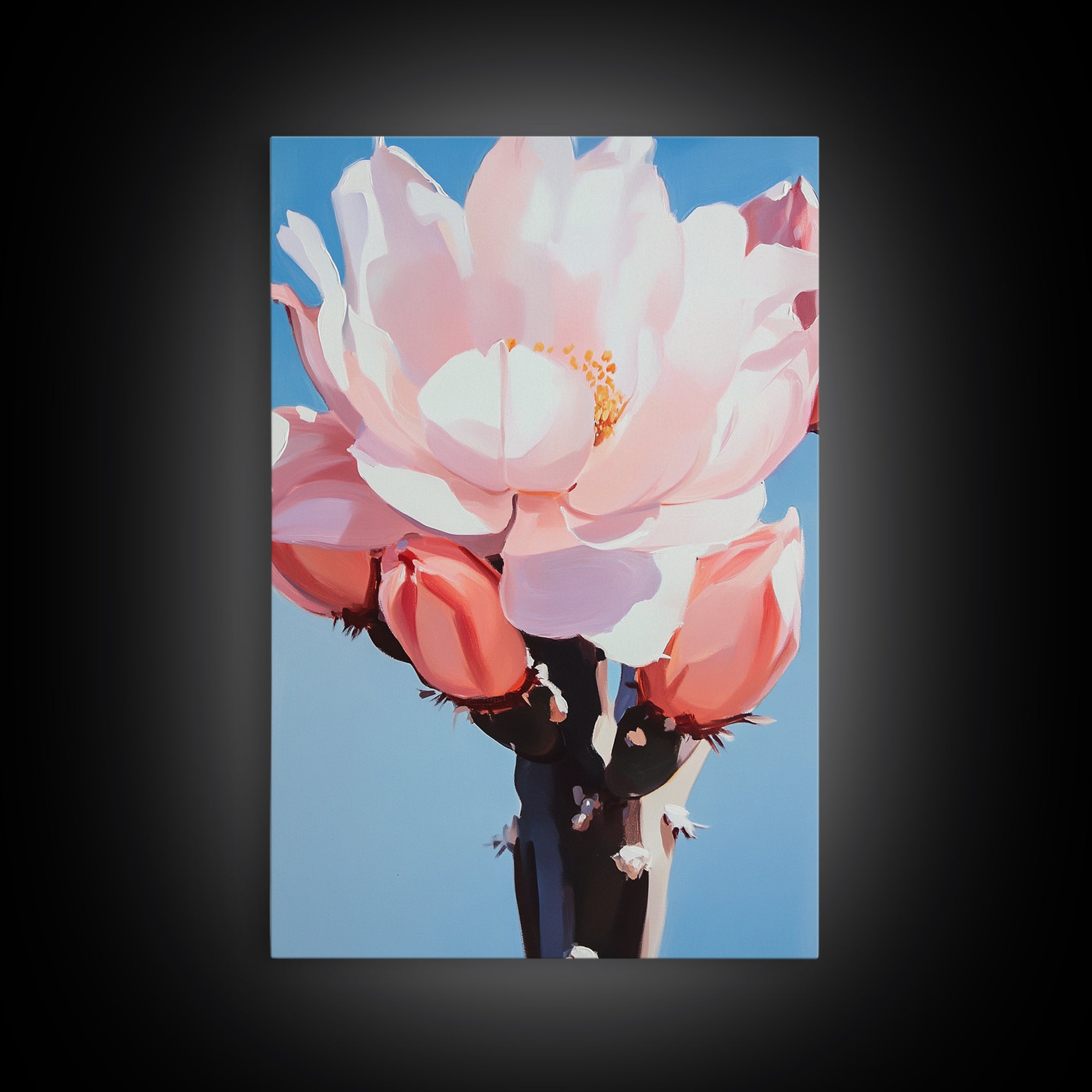 Blooming Cactus, Floral Desert Art, Southwestern Wall Decor, Minimalist Boho Painting, Framed Canvas Print, Pastel Botanical Wall Art