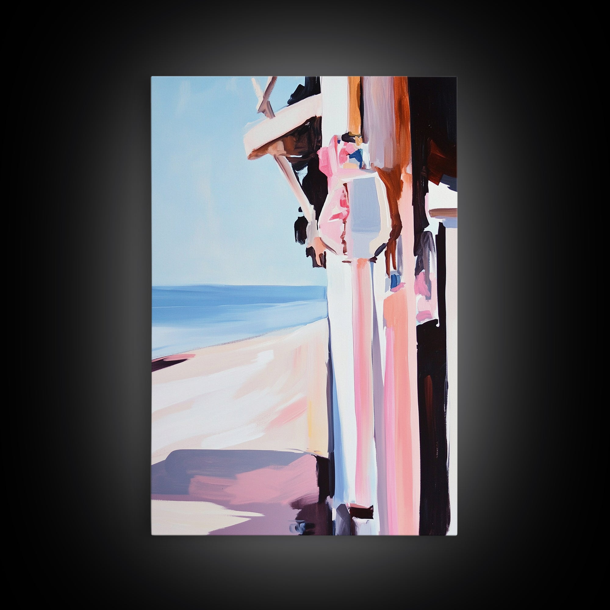 Beachside Figure, Coastal Minimalist Art, Abstract Summer Aesthetic, Tranquil Seaside Decor, Canvas Print, Framed Canvas Print