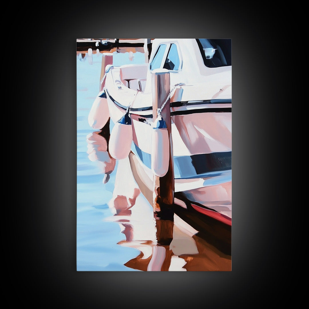 Docked Boat, Nautical Charm, Seaside Painting, Coastal Decor, Summer Vibes, Blue and White Art, Beach House Wall Art, Canvas Print