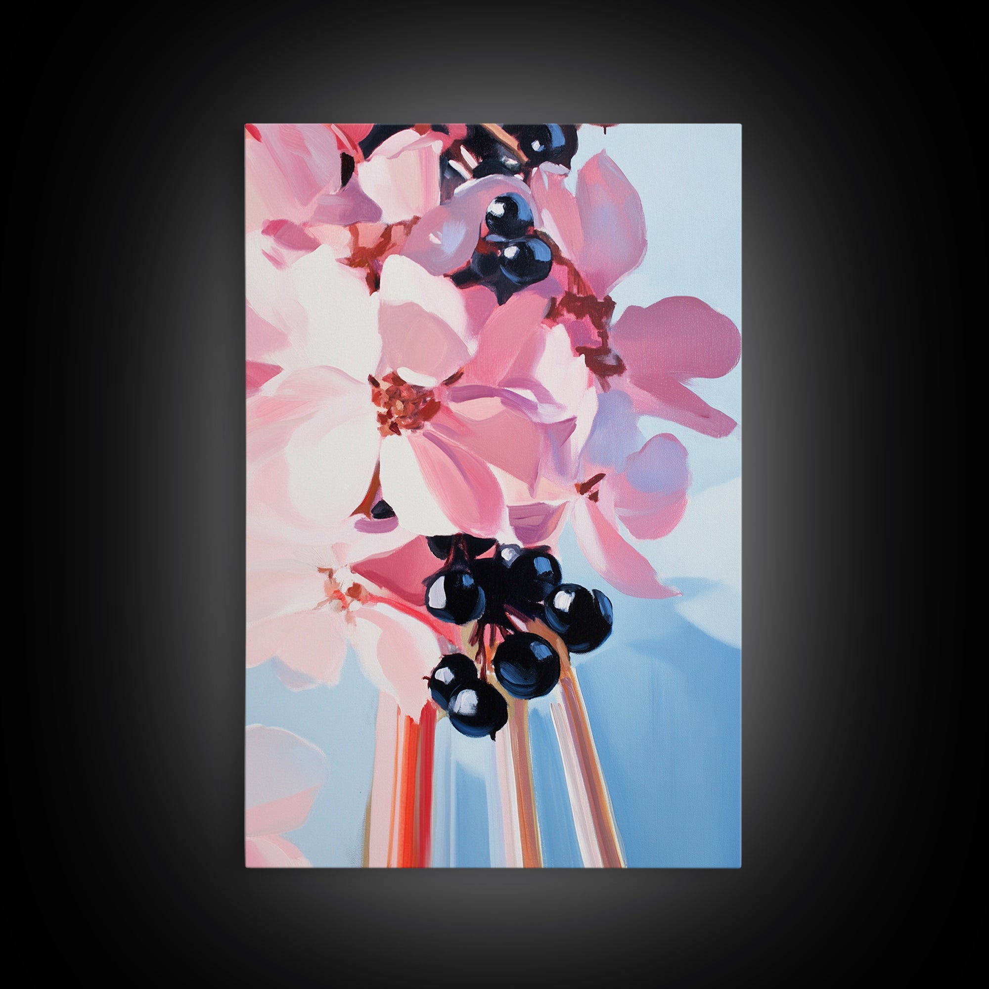 Blooming Flowers, Pink and Blue, Botanical Painting, Soft Aesthetic, Feminine Decor, Floral Home Art, Romantic Wall Art, Canvas Print