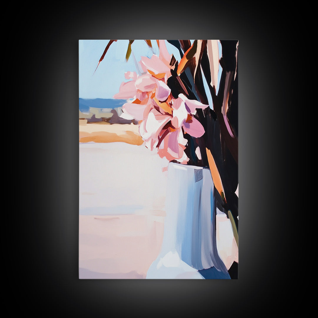 Beach Vase, Coastal Florals, Ocean Breeze, Relaxing Summer Art, Minimalist Aesthetic, Pastel Painting, Living Room Art, Canvas Print