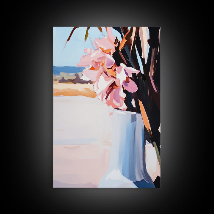 Beach Vase, Coastal Florals, Ocean Breeze, Relaxing Summer Art, Minimalist Aesthetic, Pastel Painting, Living Room Art, Canvas Print
