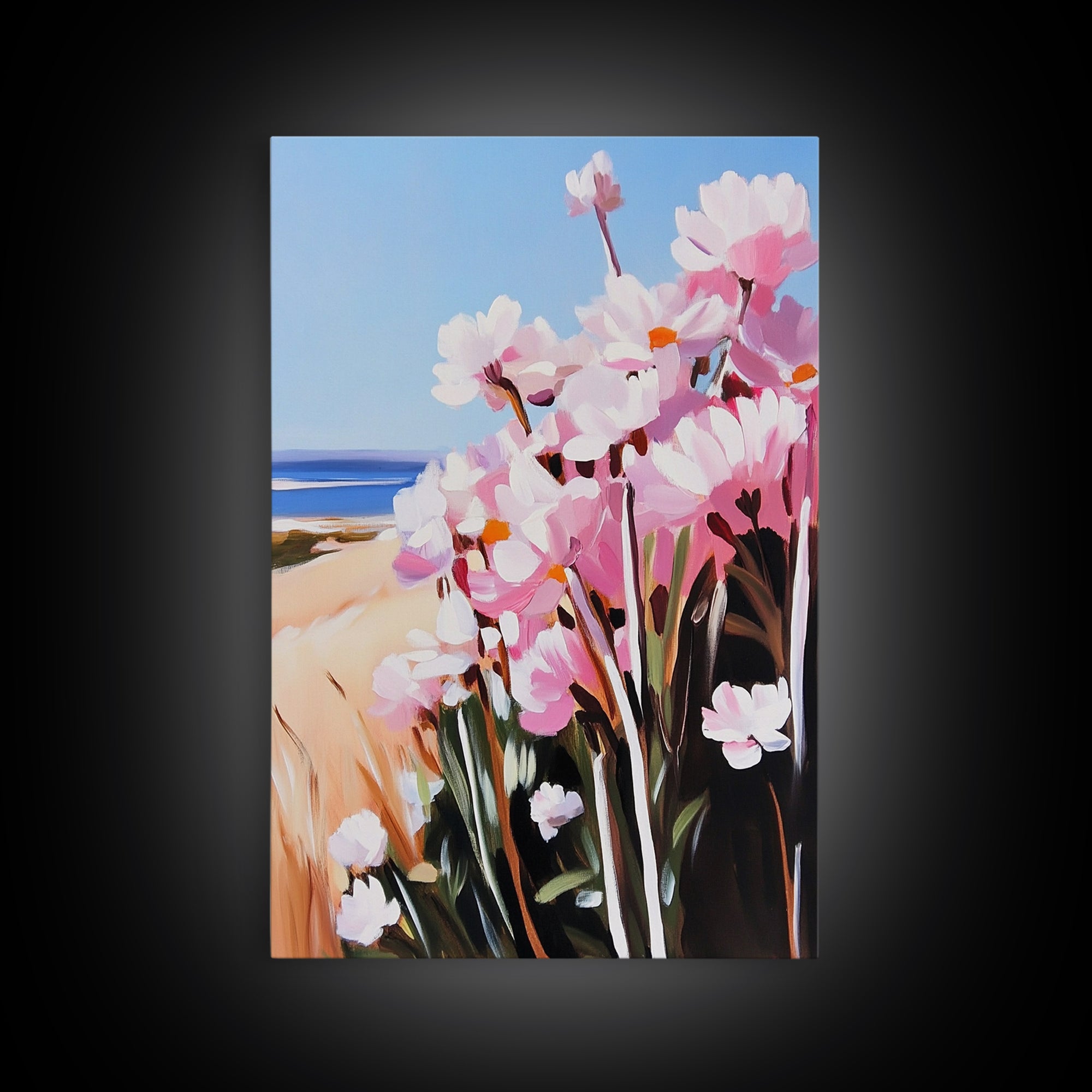 Coastal Flowers, Pink Daisy Art, Floral Beach Decor, Framed Canvas Print, Modern Boho Wall Art, Bedroom Artwork, Summer Aesthetic