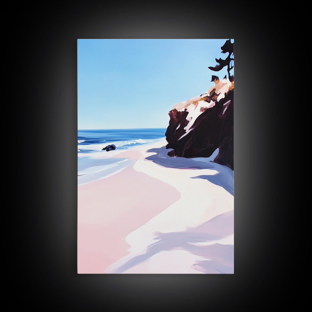 Beach View, Ocean Shore Art, Coastal Landscape Painting, Framed Canvas Print, Living Room Wall Art, Minimalist Seaside Decor