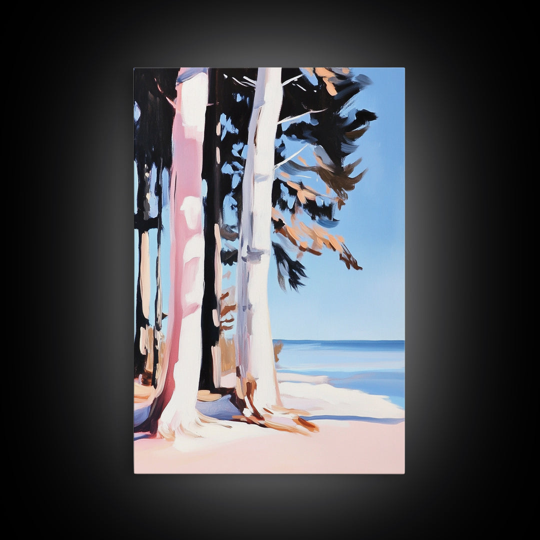 Birch Trees, Lakeside Forest Art, Nature Landscape Print, Framed Canvas Print, Rustic Cabin Decor, Modern Minimalist Wall Art