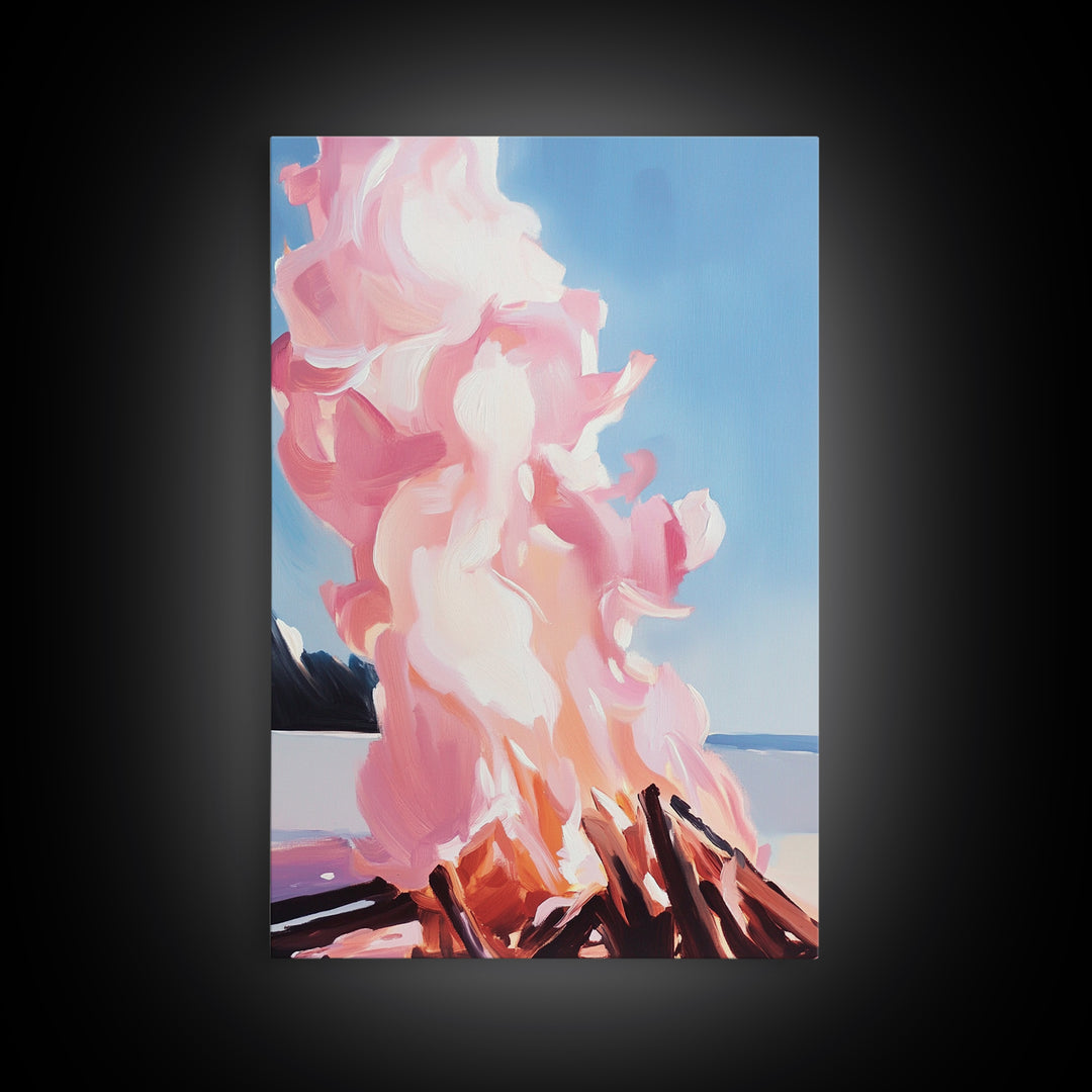 Billowing Smoke, Blazing Flames, Sunset Glow, Framed Canvas Print, Abstract Nature Art, Rustic Living Room Decor, Cozy Cabin Wall Art