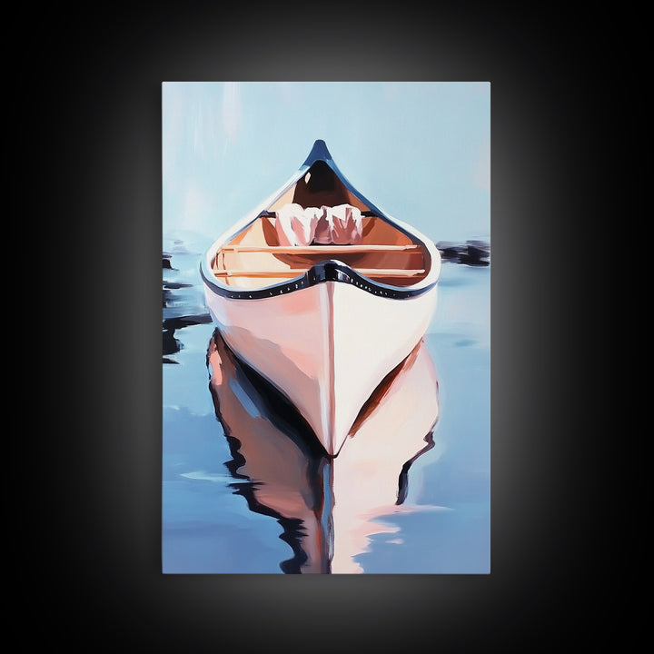 Serene Canoe, Still Lake, Calm Water, Canvas Print, Nature Lover Art, Nautical Home Decor, Coastal Wall Art, Tranquil Modern Aesthetic