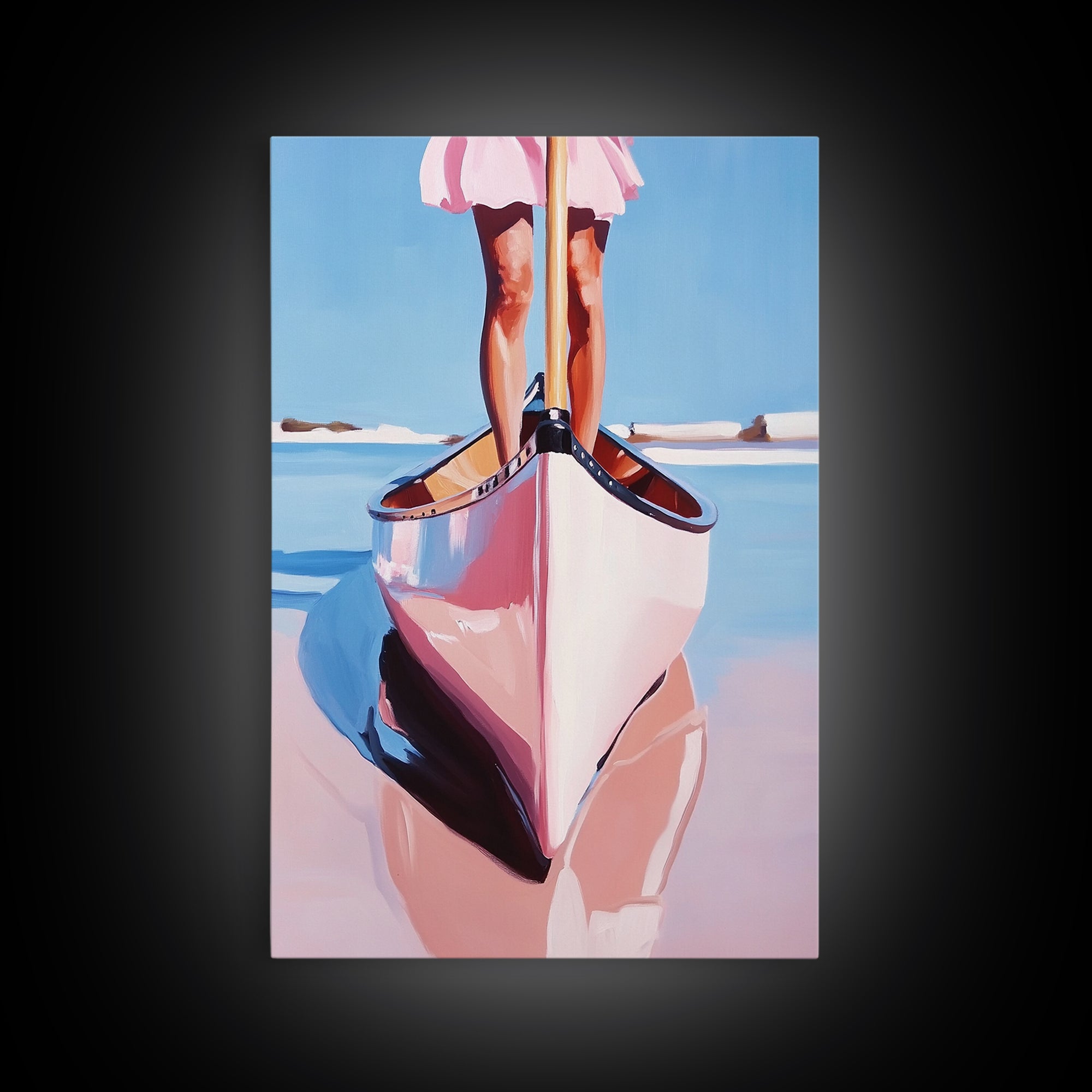 Pink Canoe, Girl, Reflection, Framed Canvas Print, Coastal Wall Art, Nautical Decor, Summer Aesthetic, Beach House Art, Boho Art