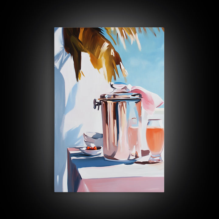 Beach Picnic, Palm Tree, Drinks, Framed Canvas Print, Summer Wall Art, Tropical Aesthetic, Kitchen Art, Coastal Home Decor, Boho Art