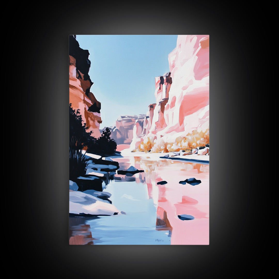 Canyon River, Reflection, Rocks, Framed Canvas Print, Nature Wall Art, Western Decor, Living Room Art, Minimalist Landscape, Boho Art