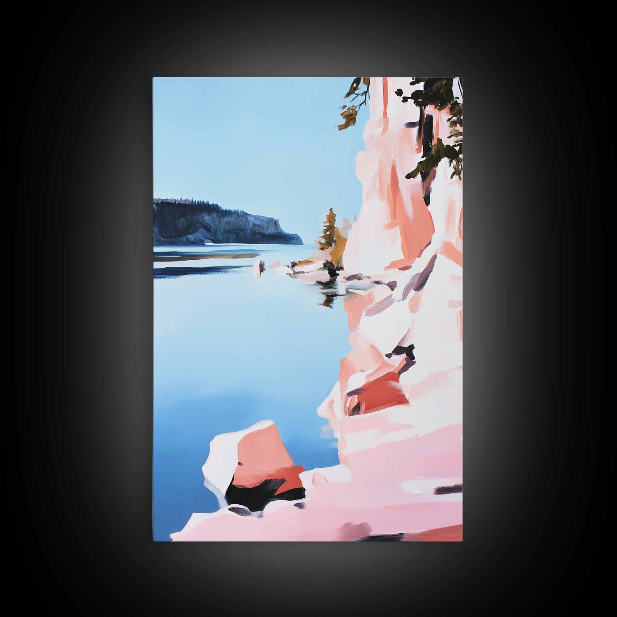 Cliffs, Water, Trees, Reflection, Framed Canvas Print, Nature Wall Art, Mountain Aesthetic, Lakehouse Decor, Minimalist Landscape