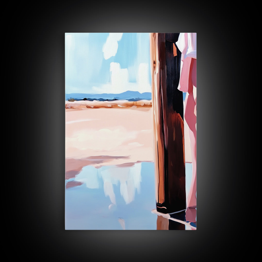 Coastal Fashion Art, Feminine Beach Scene, Pastel Summer Painting, Minimalist Boho Decor, Framed Canvas Print, Bedroom Wall Art