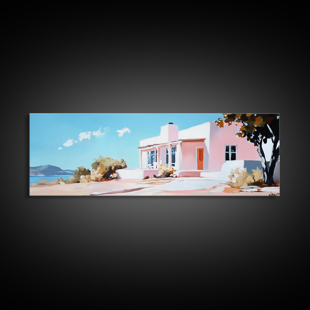 Coastal House, Summer Art, Beach Landscape, Framed Canvas Print, Mediterranean Wall Art, Minimalist Painting, Living Room Decoran Waves