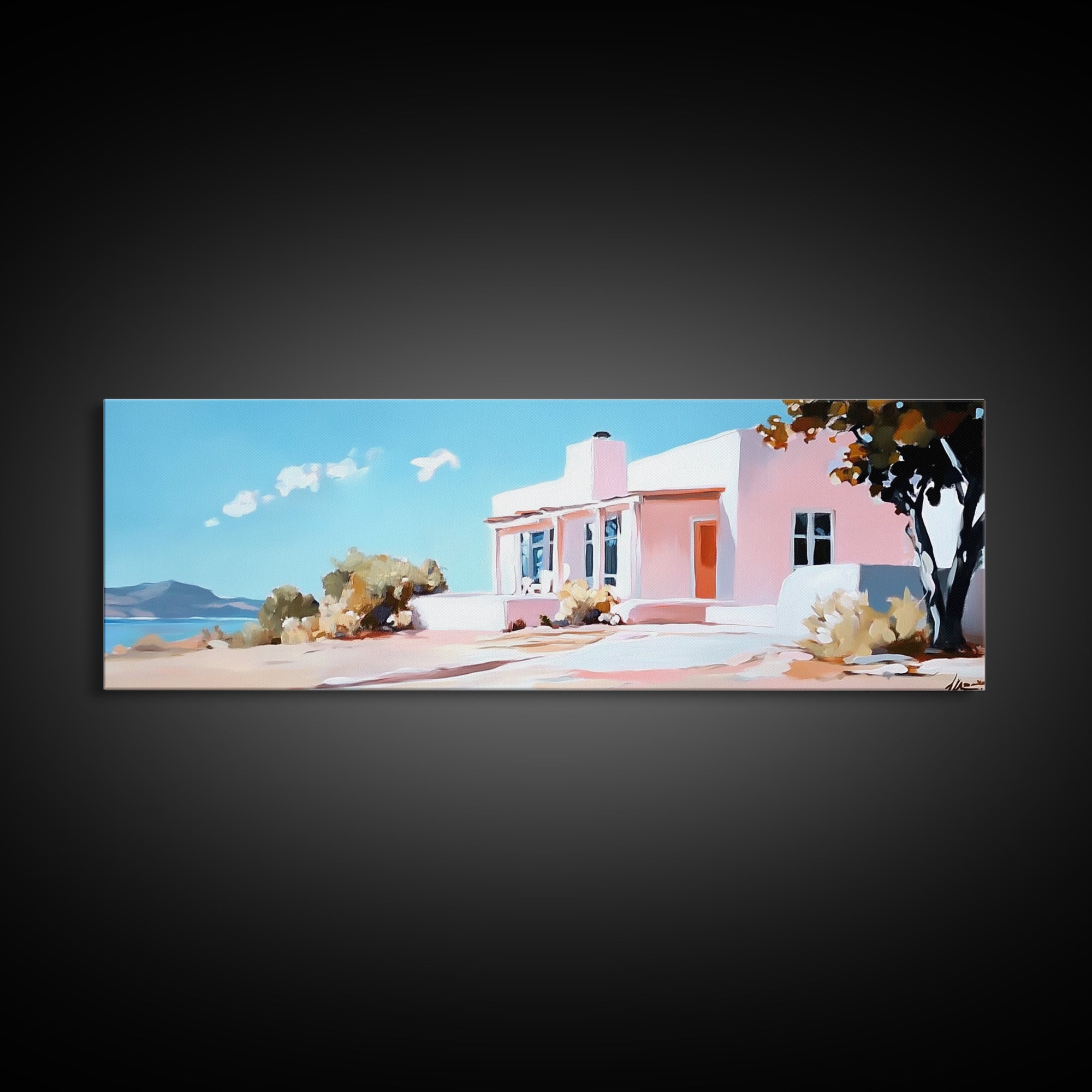 Coastal House, Summer Art, Beach Landscape, Framed Canvas Print, Mediterranean Wall Art, Minimalist Painting, Living Room Decoran Waves