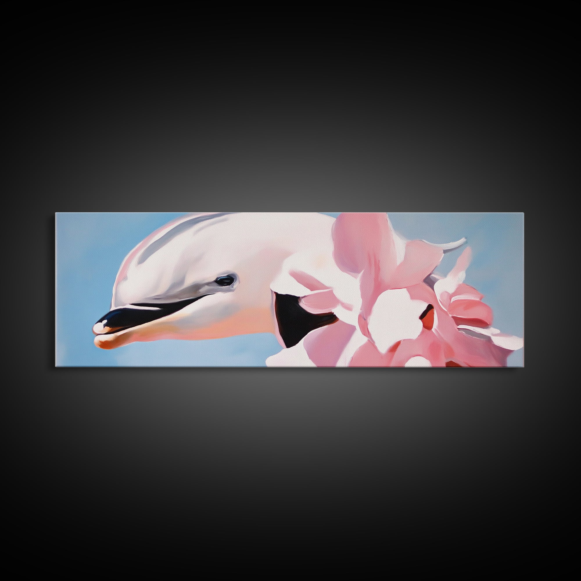 Dolphin, Pink Flowers, Canvas Print, Ocean Art, Whimsical Artwork, Coastal Wall Art, Sea Life Decor, Modern Aesthetic, Nature Lover Gift