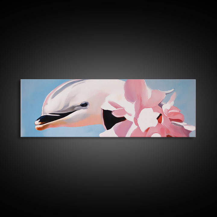 Dolphin, Pink Flowers, Canvas Print, Ocean Art, Whimsical Artwork, Coastal Wall Art, Sea Life Decor, Modern Aesthetic, Nature Lover Gift