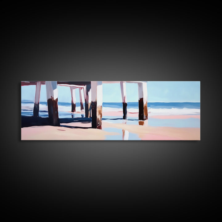 Beach Pier, Ocean Waves, Coastal View, Framed Canvas Print, Nautical Wall Art, Seaside Decor, Minimalist Beach House Art, Blue