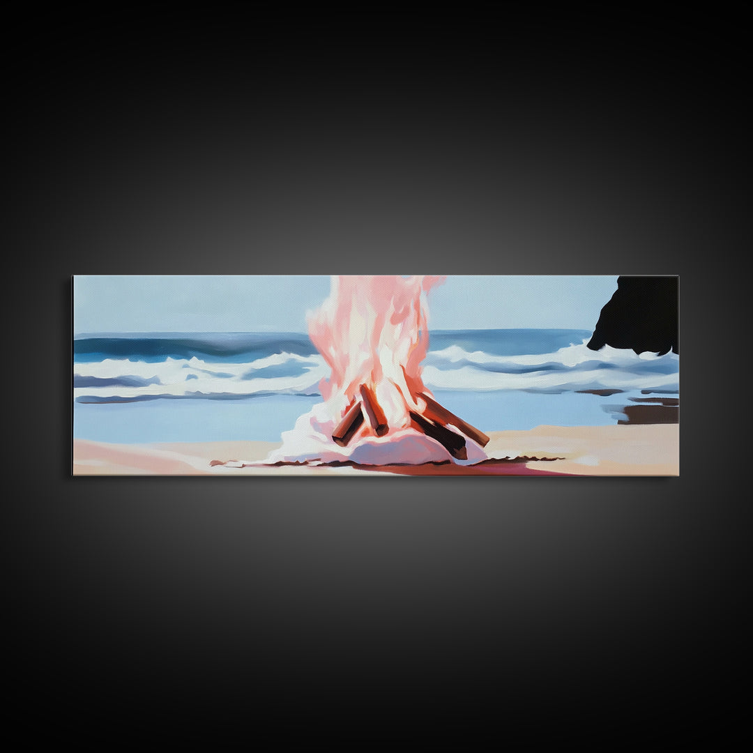 Beach Bonfire, Ocean Fire, Coastal Campfire, Framed Canvas Print, Seaside Night Art, Relaxing Summer Scene, Nautical Wall Decor