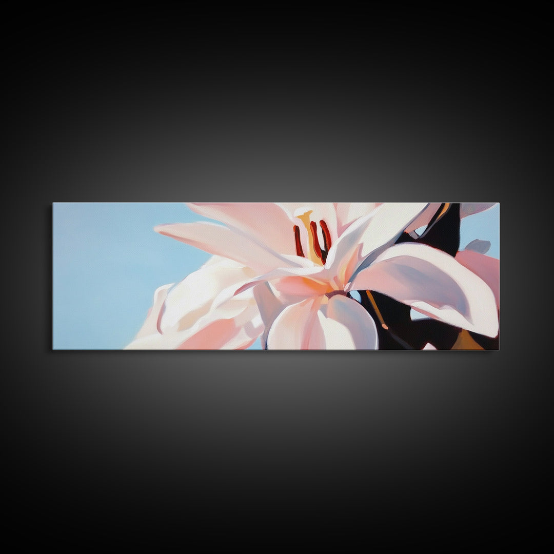 Blooming Lily, Floral, Nature, Framed Canvas Print, Botanical Wall Art, Pastel Home Decor, Feminine Aesthetic, Living Room Wall Art