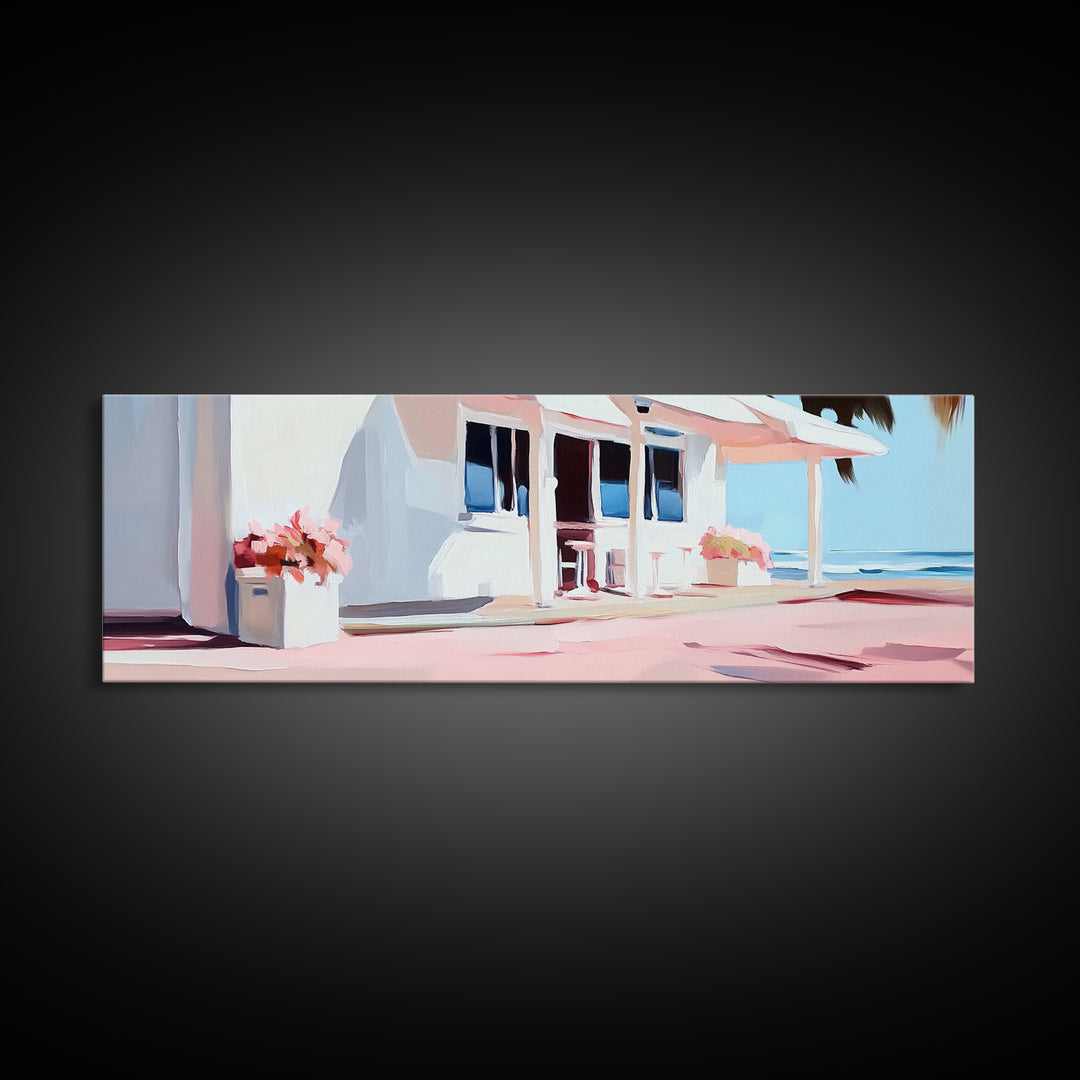 Coastal Café, Beachfront House, Ocean Breeze, Minimalist Canvas Print, Living Room Wall Art, Nautical Home Decor, Modern Coastal Art