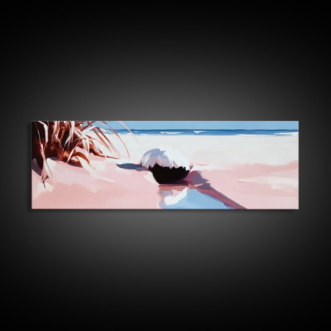 Romantic Beach Scene, Coastal Wall Art, Sunset Ocean Painting, Pastel Beach Framed Canvas Print, Living Room or Office Art