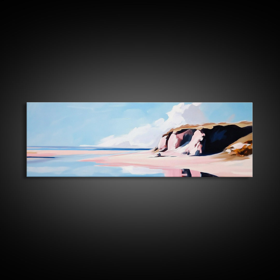 Coastal Landscape, Beach Wall Art, Ocean Painting, Pastel Seascape, Living Room Decor, Minimalist Art, Framed Canvas Print