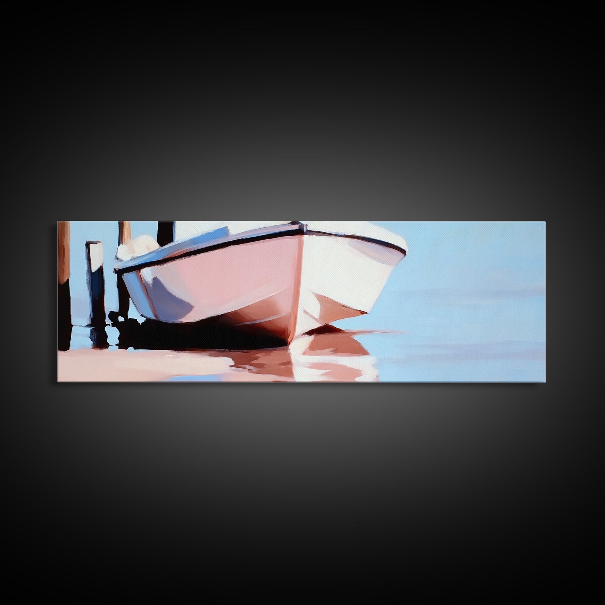 Docked Boat, Nautical Charm, Maritime Art, Framed Canvas Print, Coastal Living Room Decor, Beach House Wall Art, Ocean Painting