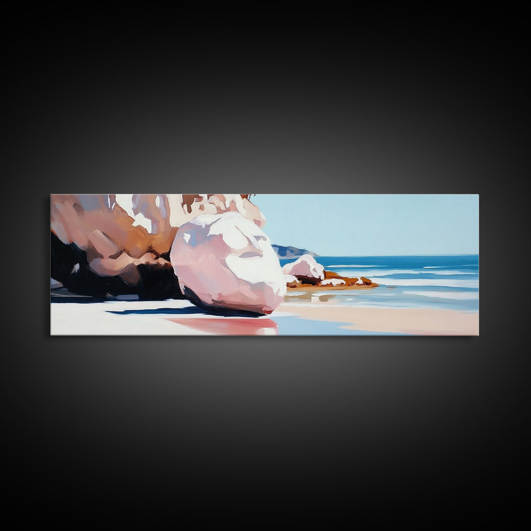 Beach Boulders, Coastal Landscape, Tranquil Escape, Framed Canvas Print, Ocean Wall Art, Boho Decor, Relaxing Seaside Painting