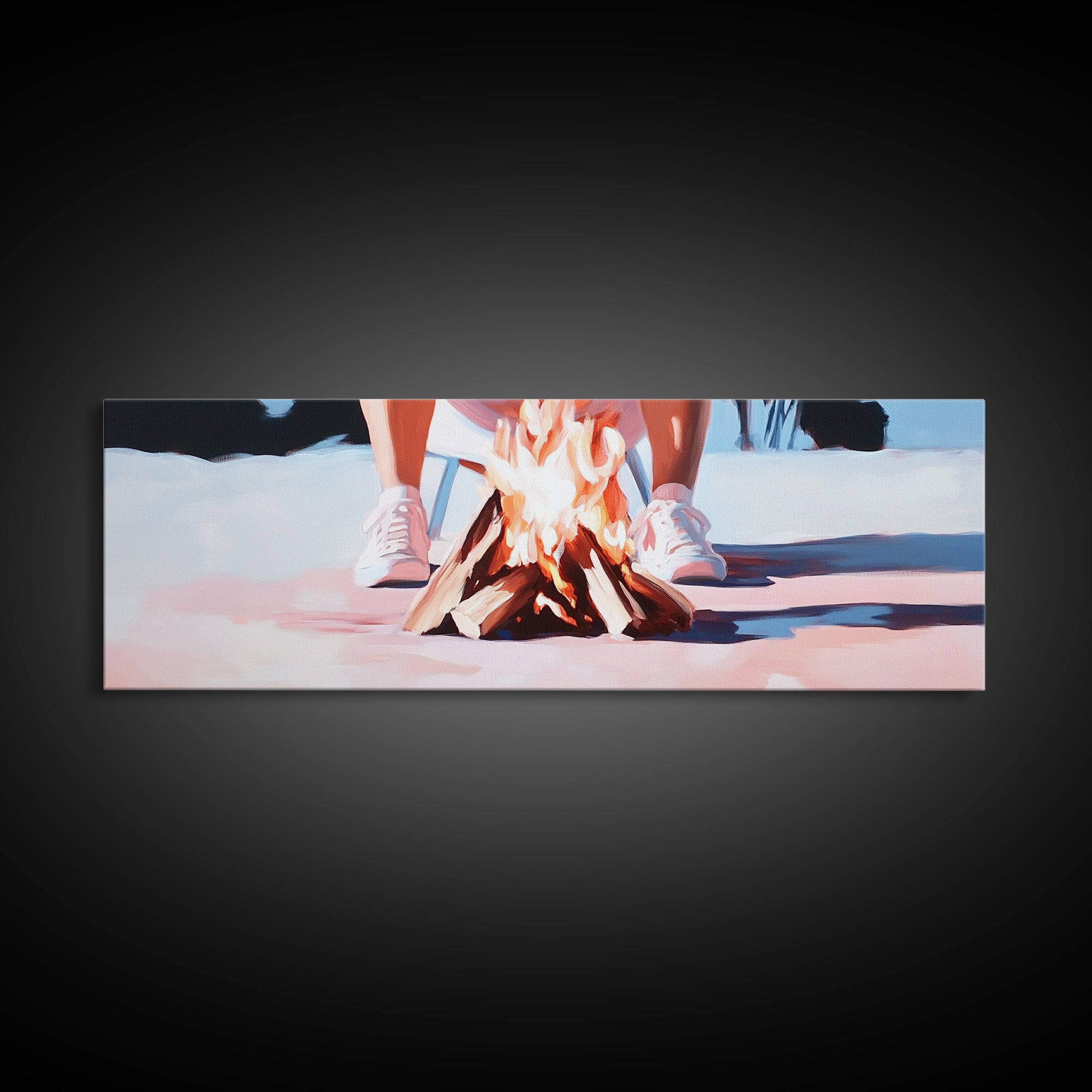 Campfire Scene, Autumn Night Art, Outdoor Adventure, Canvas Print, Rustic Home Decor, Cozy Warmth, Minimalist Fire Painting