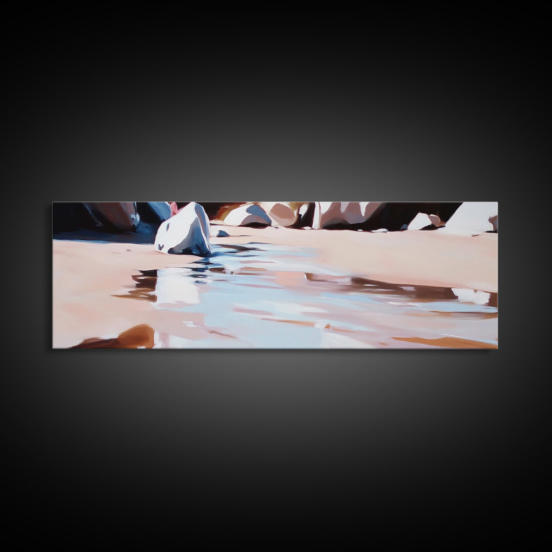 River Rocks, Water Reflection, Nature Landscape, Framed Canvas Print, Earthy Wall Art, Minimalist Zen Painting, Calming Home Decor