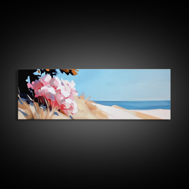 Beach Flowers, Coastal Blossoms, Summer Landscape, Framed Canvas Print, Boho Wall Art, Seaside Painting, Nature Home Decor