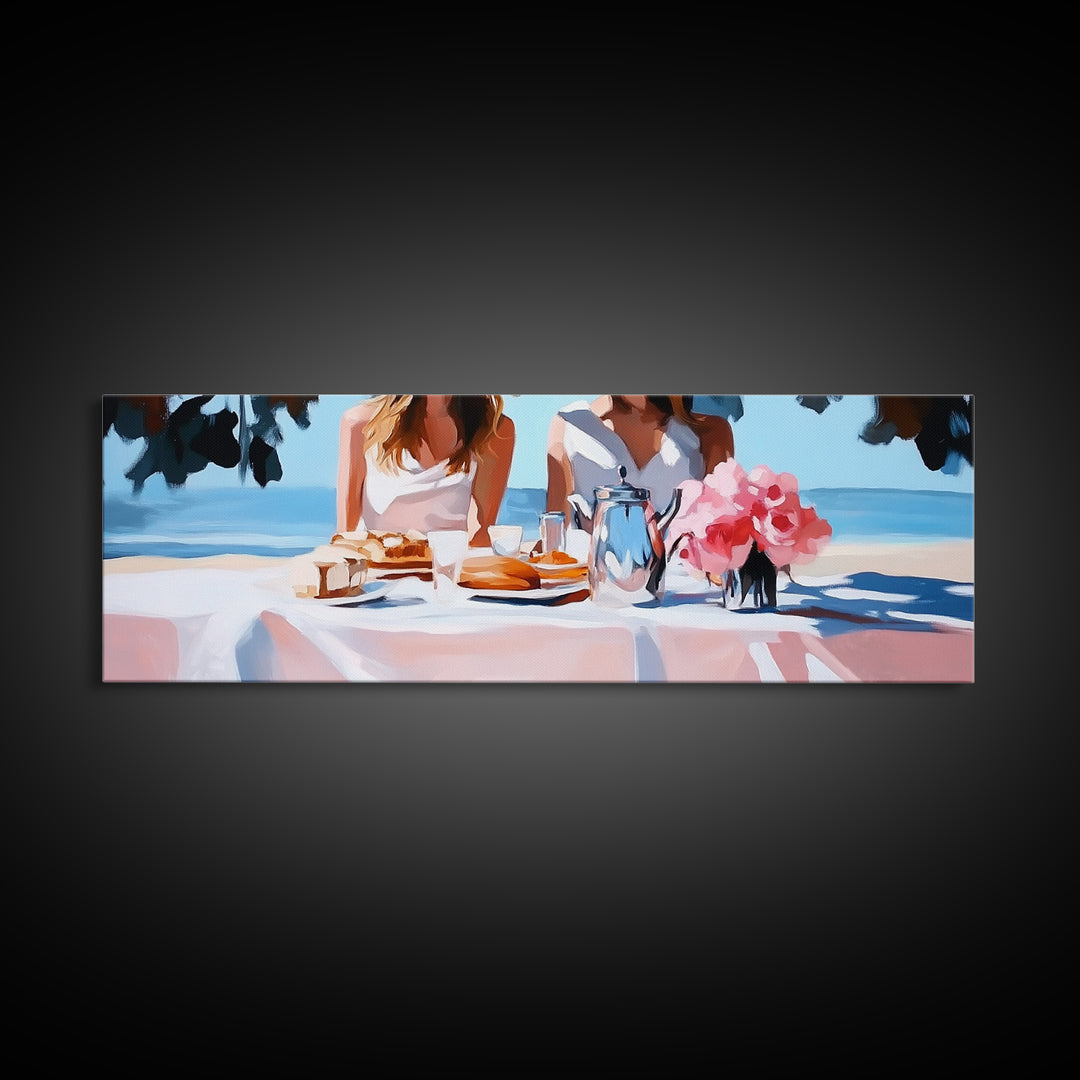 Ocean Picnic, Coastal Dining, Elegant Beach Scene, Pastel Seascape, Canvas Print, Living Room Art, Modern Nautical, Kitchen Wall Art