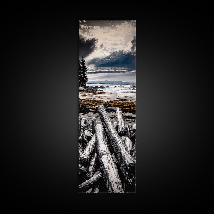 Coastal Beach, Driftwood Shore, Stormy Sky, Framed Canvas Print, Ocean Wall Art, Seaside Decor, Nautical Painting, Living Room Wall Art