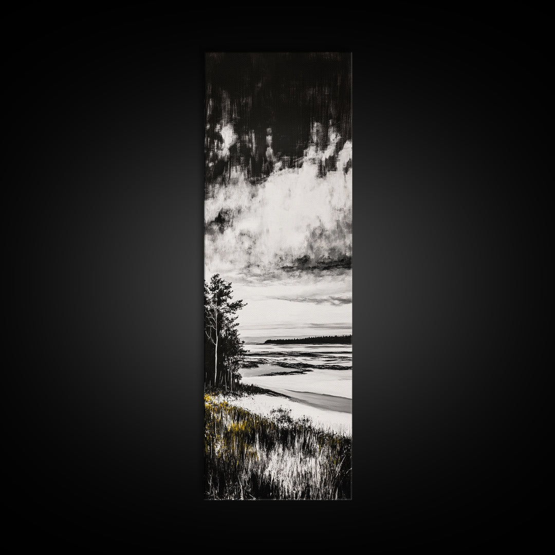 Coastal Serenity, Black White Landscape, Ocean Horizon Art, Minimalist Beach Scene, Modern Home Decor, Framed Canvas Print