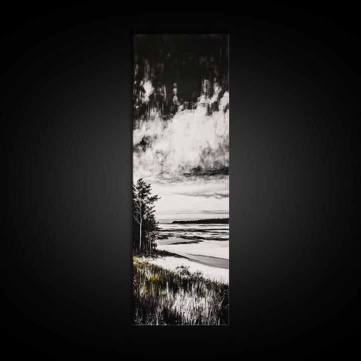 Coastal Serenity, Black White Landscape, Ocean Horizon Art, Minimalist Beach Scene, Modern Home Decor, Framed Canvas Print