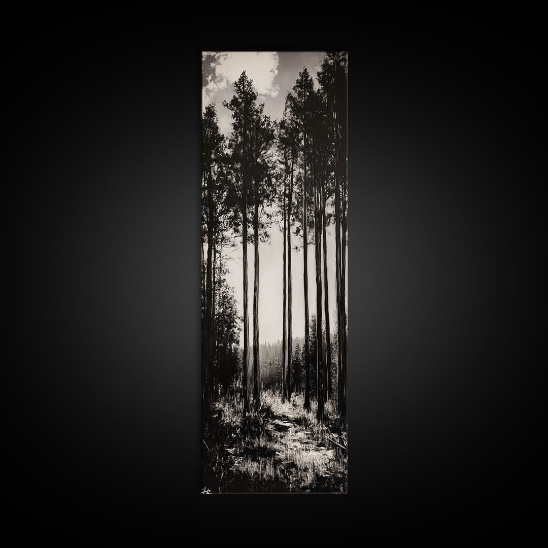 Black White Forest, Minimalist Wall Art, Monochrome Nature Print, Wooded Landscape, Moody Tree Art, Modern Home, Framed Canvas Print