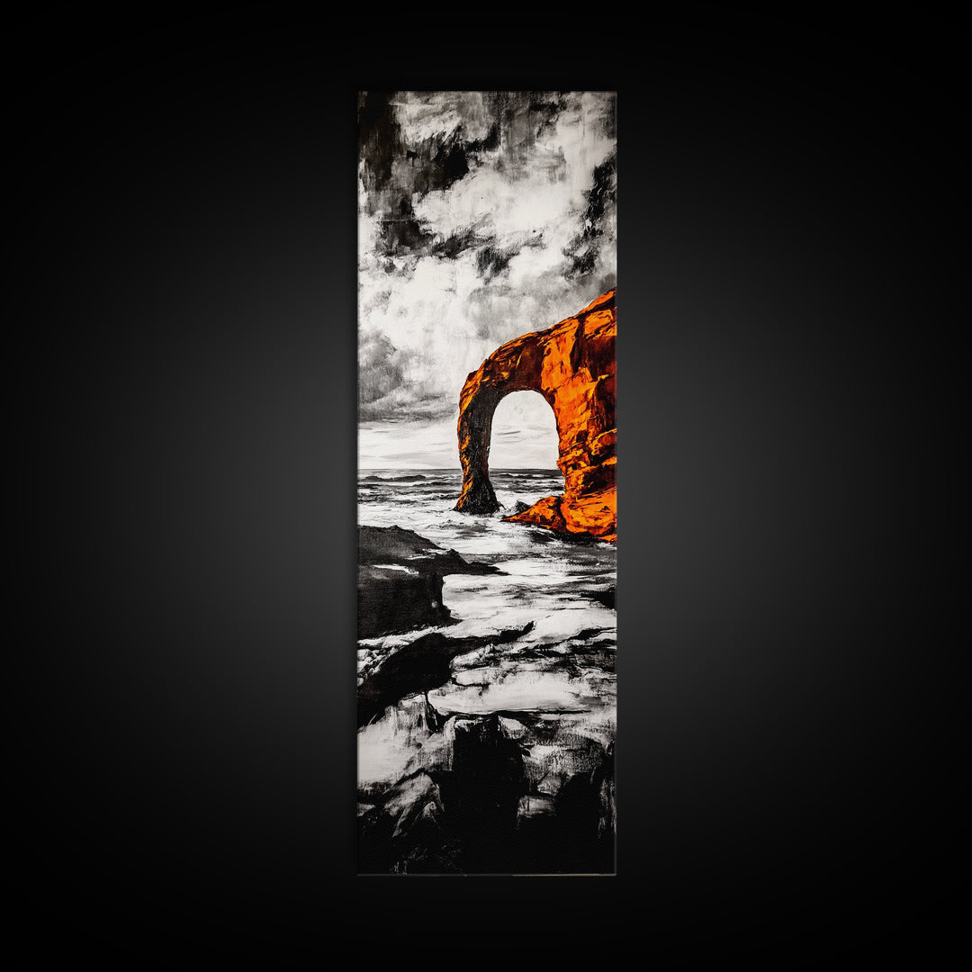 Rock Arch, Ocean Waves, Dramatic Seascape, Black and White Wall Decor, Living Room Art, Framed Canvas Print, Coastal Nature Artwork