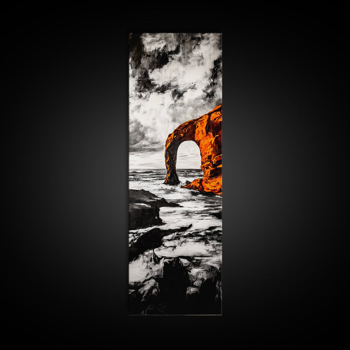 Rock Arch, Ocean Waves, Dramatic Seascape, Black and White Wall Decor, Living Room Art, Framed Canvas Print, Coastal Nature Artwork