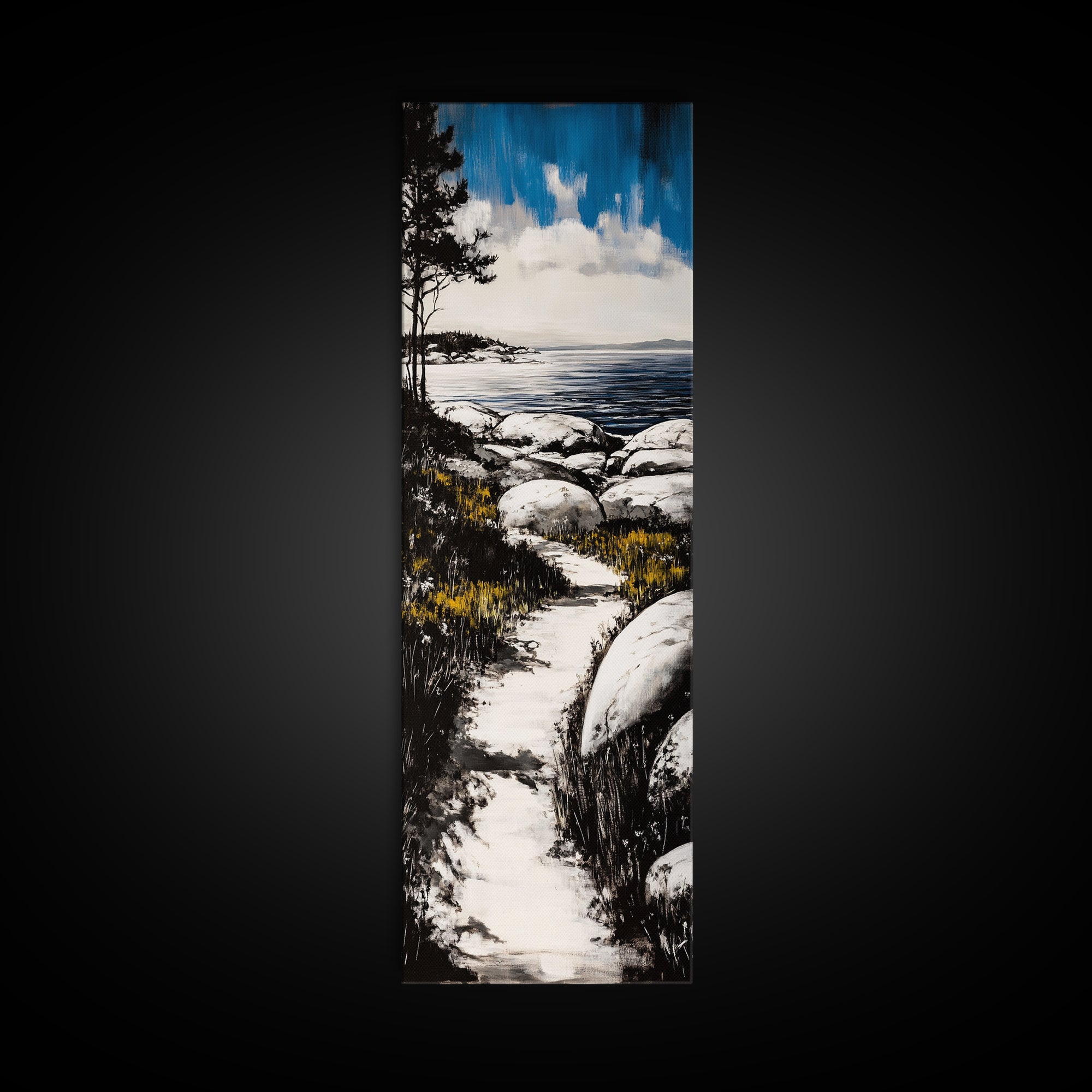 Coastal Landscape, Beach Path Wall Art, Modern Seaside Art, Blue and Black Art, Living Room Decor, Nautical Art, Framed Canvas Print