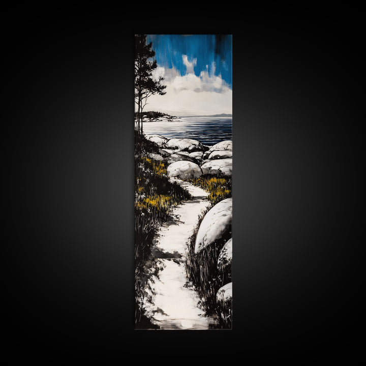 Coastal Landscape, Beach Path Wall Art, Modern Seaside Art, Blue and Black Art, Living Room Decor, Nautical Art, Framed Canvas Print