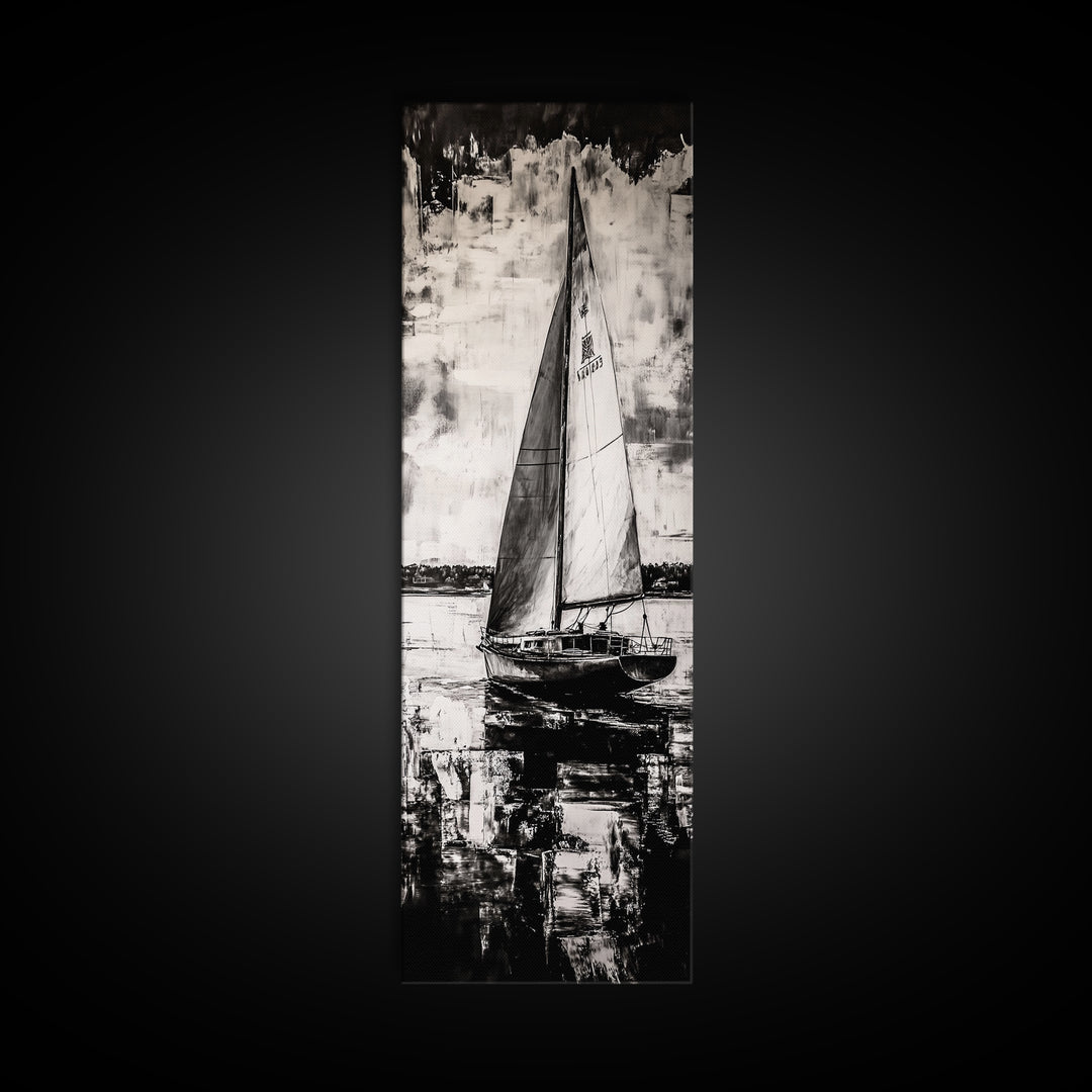 Black and White Sailboat, Nautical Wall Art, Minimalist Seascape Painting, Coastal Home Decor, Office or Bedroom Art, Framed Canvas Print