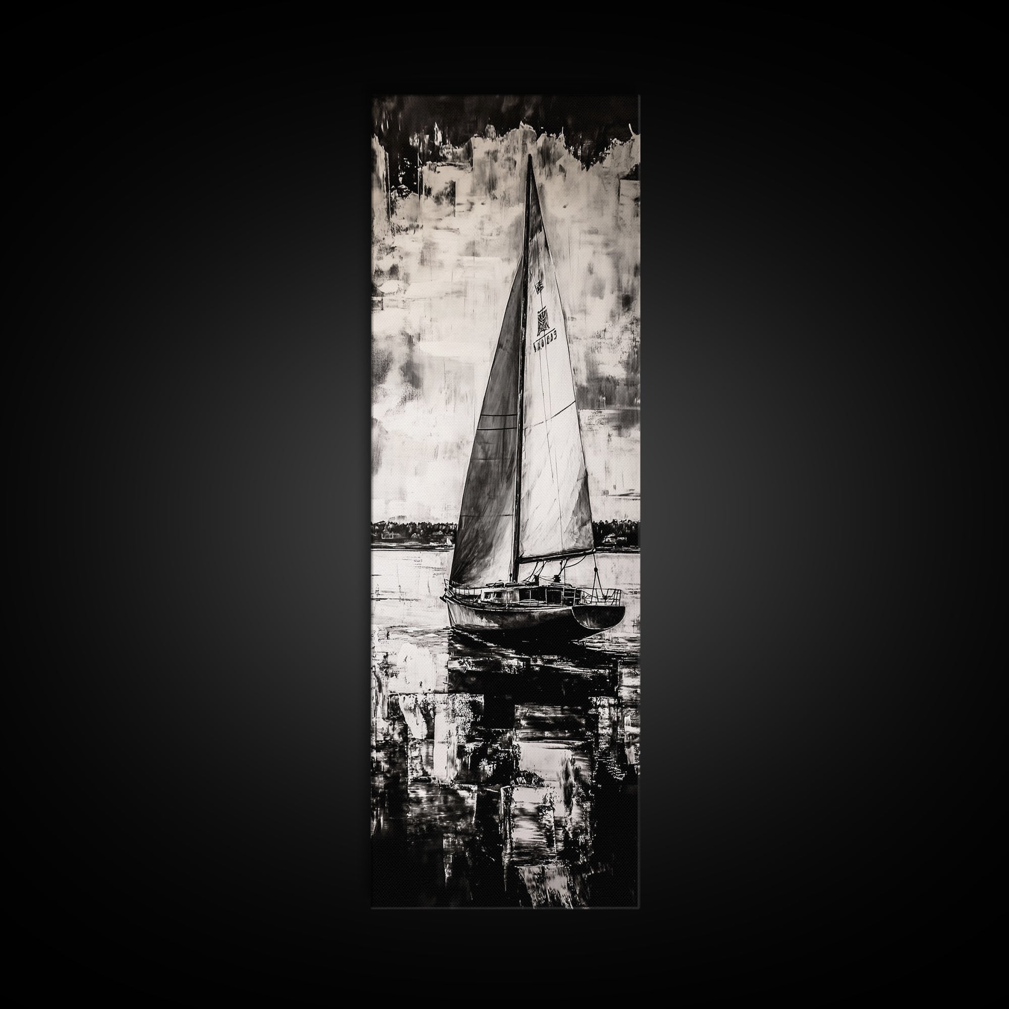 Black and White Sailboat, Nautical Wall Art, Minimalist Seascape Painting, Coastal Home Decor, Office or Bedroom Art, Framed Canvas Print