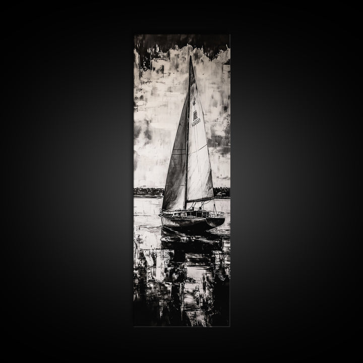 Black and White Sailboat, Nautical Wall Art, Minimalist Seascape Painting, Coastal Home Decor, Office or Bedroom Art, Framed Canvas Print